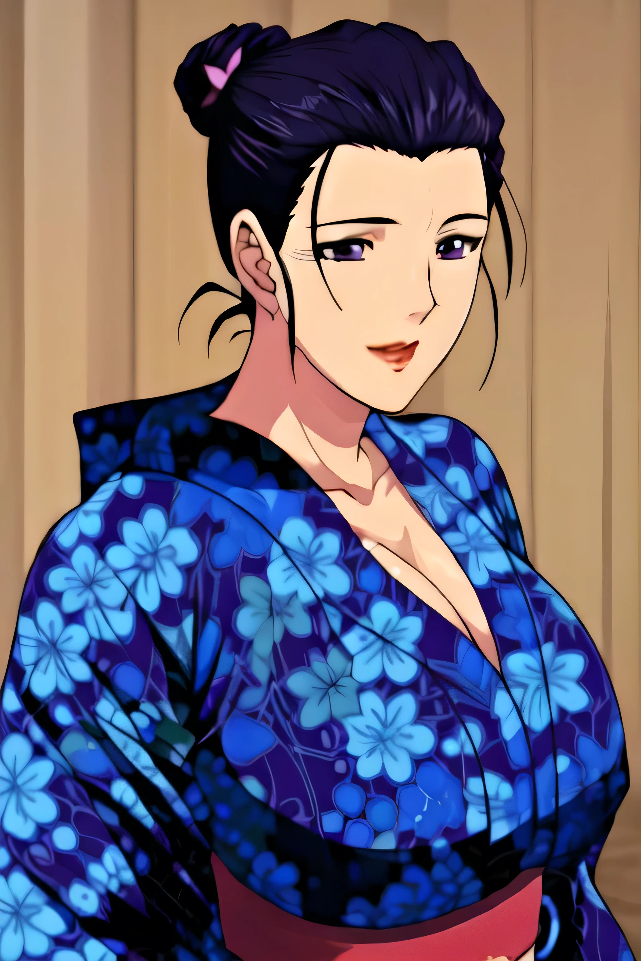 Simple Background,dark blue kimono,big breast,curve body,colourful image,beautiful smile,big breast,
nightblue kimono,floral print,japanese clothes,wide sleeves,long sleeves,looking front face, looking at me,face direction at front,face direction at me
cleavage,
purple eyes, black hair,bangs,hair bun,
1 girl,Young female,Beautiful long legs,Beautiful body,
Beautiful Nose,Beautiful character design, perfect eyes, perfect face,expressive eyes,perfect balance,
looking at viewer,(Focus on her face),closed mouth, (innocent_big_eyes:1.0),(Light_Smile:0.3),
official art,extremely detailed CG unity 8k wallpaper, perfect lighting,Colorful, Bright_Front_face_Lighting,White skin,
(masterpiece:1.0),(best_quality:1.0), ultra high res,4K,ultra-detailed,
photography, 8K, HDR, highres, absurdres:1.2, Kodak portra 400, film grain, blurry background, bokeh:1.2, lens flare, (vibrant_color:1.2),professional photograph,
(Beautiful,large_Breasts:1.4), (beautiful_face:1.5),(narrow_waist),