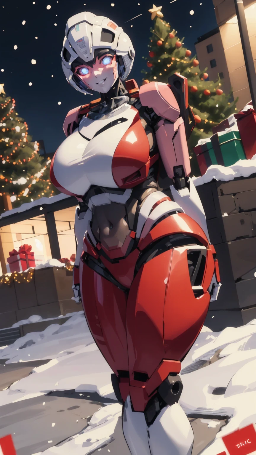ROTB_Arcee, 1girl, big breasts, smile, robot, mecha, (glowing eyes:1.2), Christmas tree, Christmas gifts, outdoors, wide hips, navel, thick thighs, snow falling on street, blue bra, blue panties, big ass