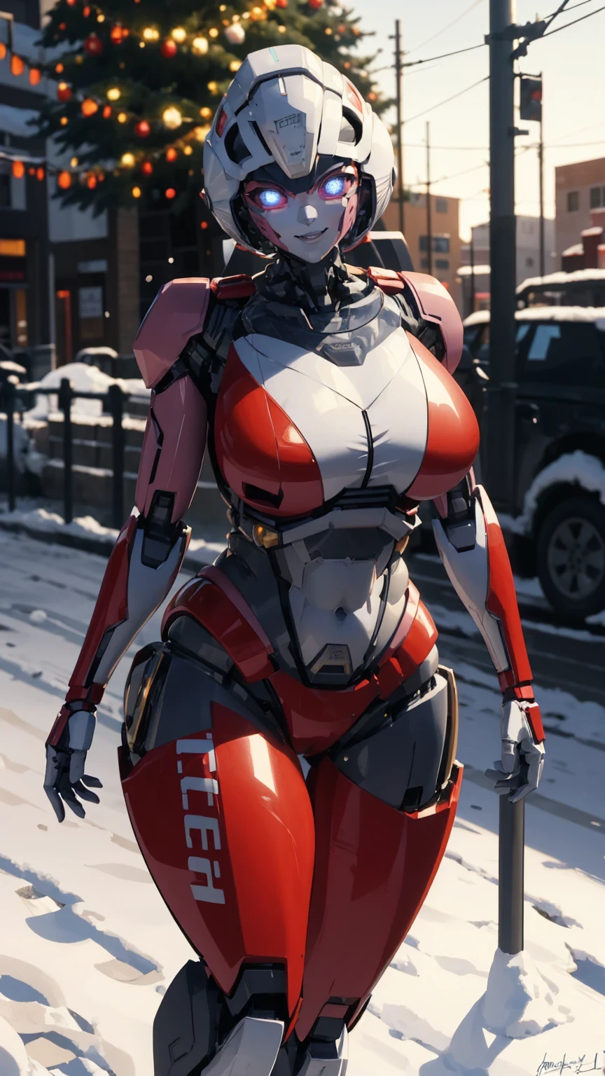 ROTB_Arcee, 1girl, big breasts, smile, robot, mecha, (glowing eyes:1.2), Christmas tree, Christmas gifts, outdoors, wide hips, navel, thick thighs, snow falling on street,
