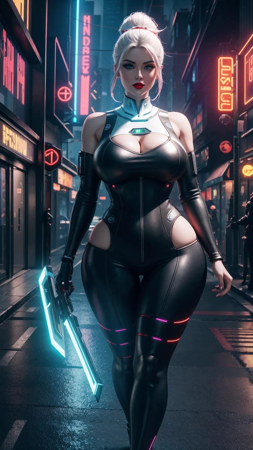 (aesthetic,cyberpunk)
A woman with a defined, attractive body stands tall in the center of the composition. Her body is strong and powerful, with particular emphasis on her thick and toned thighs. She exudes confidence and vitality.
She has cybernetic body parts integrated seamlessly into her organic limbs, enhancing her physical capabilities. The metallic components gleam in the light, providing a futuristic and technologically advanced aesthetic.
She wears short, form-fitting underwear that accentuates her curves. The fabric is made of a smooth and shiny material, adding a touch of sensuality to her appearance.
The image is of the highest quality, with a resolution of 4k or 8k, capturing every intricate detail. The level of detail is extraordinary, highlighting the texture and contours of her body, as well as the delicate nuances of the cybernetic enhancements.
The overall style of the artwork is inspired by cyberpunk aesthetics, combining elements of futuristic technology, urban environments, and a gritty atmosphere. The colors are vibrant and saturated, with a distinct neon glow that permeates the scene.
The lighting is dramatic, casting bold shadows and accentuating the curvature of her body. The dynamic interplay of light and shadow adds depth and dimension to the image, enhancing its overall impact.