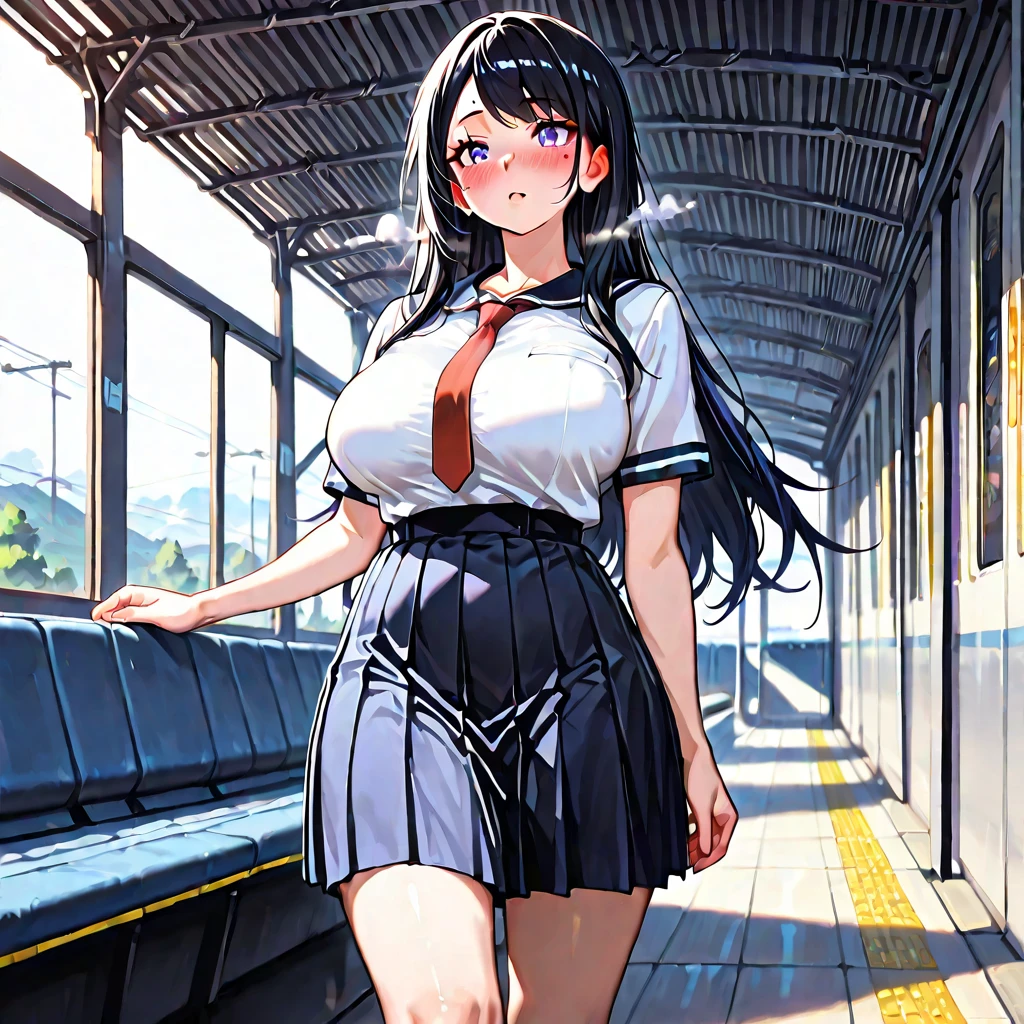 ((masterpiece)), ((best quality)), (ultra-detailed), ((kawaii)), cute, (lovely), ((sexy)), ((extremely detailed)), 4K, (8K), best quality, (beautiful), in the middle, on the train, daytime, summer, a pretty woman, solo, miniskirt, beautiful black hair, beautiful brown eyes, ((beautiful eyes)), white-skinned,long ponytail, swept bangs,lip, large breast, earrings, necklace, smile,parted lips,standing