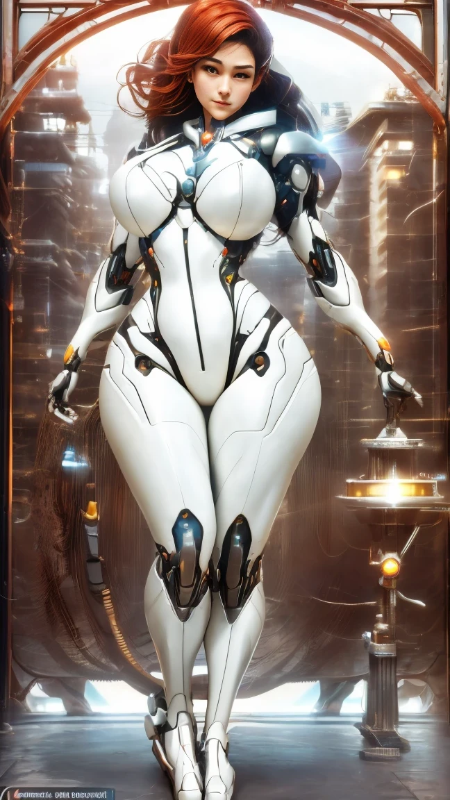 A giant female robot that looks like it came out of a Japanese anime、Perfect style, beautiful female figure、Big Breasts、body:(Seamless, smooth curved surface:1.4)、Highly polished surface、 Metallic luster、Red only、(No machinery or parts visible:1.4)。City at war