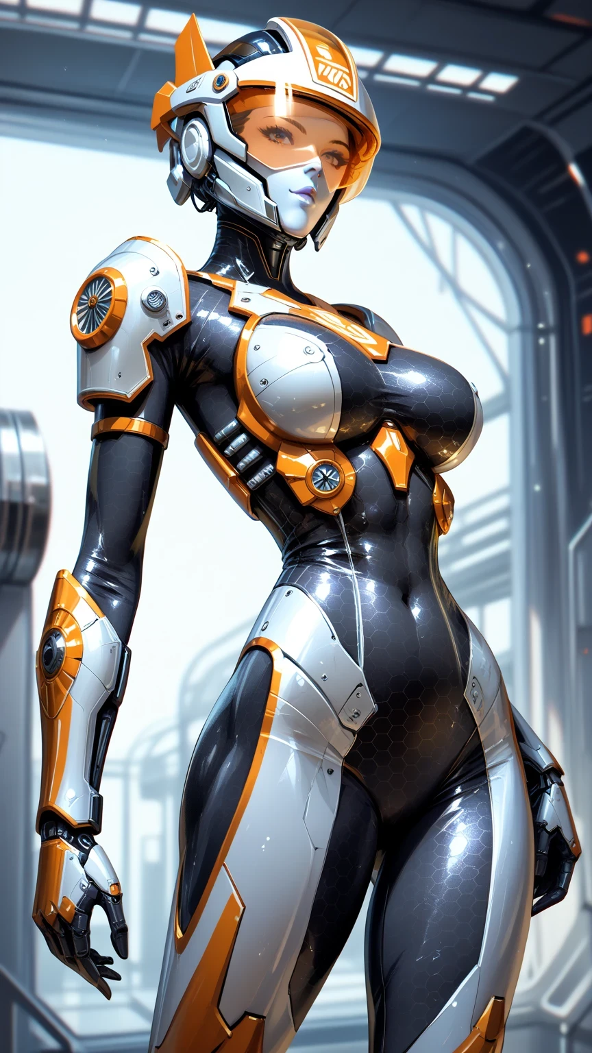 One Girl, chest, Covered face, curvy, huge chest, humanoid robot, Claw hands, Joint, No mouth, can'I can not stand it, robot, robot Joint, Shiny, Shiny skin, Simple Background, alone, thick Thighs, Thighs, White Background, Huge Hips, robot, humanoid robot, robot girl, Blushing, Sexy pose, from sideview,