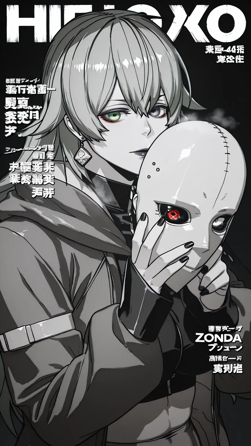 ggstduel, (zonda_(solid_air)-style:1.4), (hxd-style:1.2), ((anatomical correct)), (lineart:1.2), ((monochrome, greyscale, manga-style, spot colors)), soft shadow, comic, score_9, score_8_up, score_7_up, score_6_up, score_5_up, score_4_up, uncensored, detailed background, vignetting, high quality, absurdres, best quality, very aesthetic, newest, digital art, trending on ArtStation, perfect body, perfect eyes, perfect fingers, gasping, heavy breathing, gasping profusely, ((skindentation)), ((curvy)), eto-oa, long hair, green hair, green eyes, heterochromia, ghoul eye, medium breasts, sagging breasts, plump, magazine_cover, mask, holding_mask, solo, mask_removed, jewelry, black_nails, earrings, holding, looking_at_viewer, cover, black_lips, long_sleeves, nail_polish, makeup