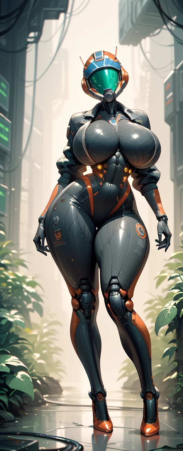beautiful woman in a bio mechanical suit, huge breasts, narrow waist, advanced tech helmet, large thighs, half helmet , full body suit, high heels , dark blue and black suit,