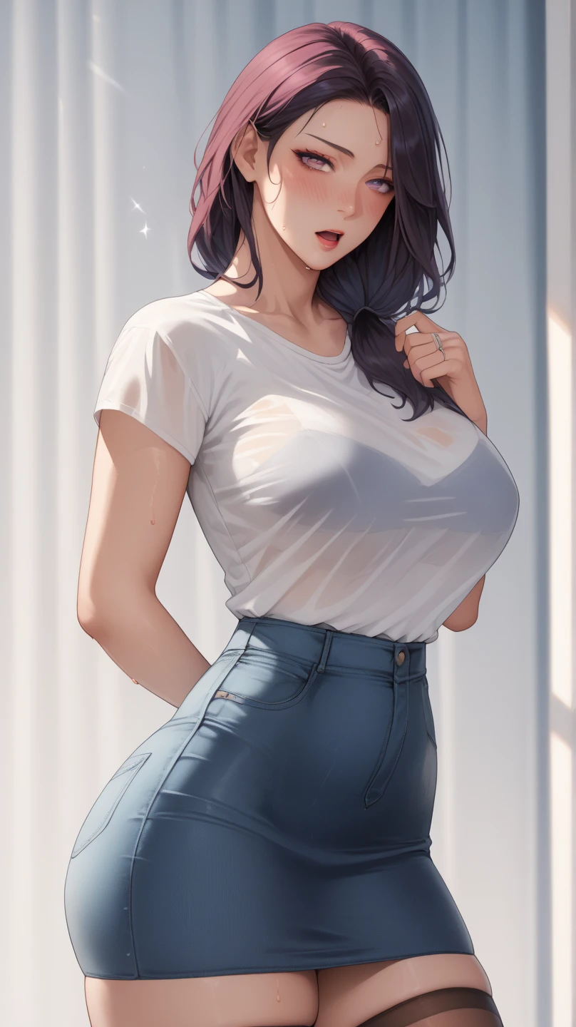 1girls ass bangs big ass big breasts black hair black legwear blue eyes blush bra bra visible through clothes breasts chalk chalkboard glasses human long hair looking at viewer looking back panties under pantyhose pantyhose pencil skirt red panties see-through clothing education solo tank top teacher upskirt white shirt white tank top