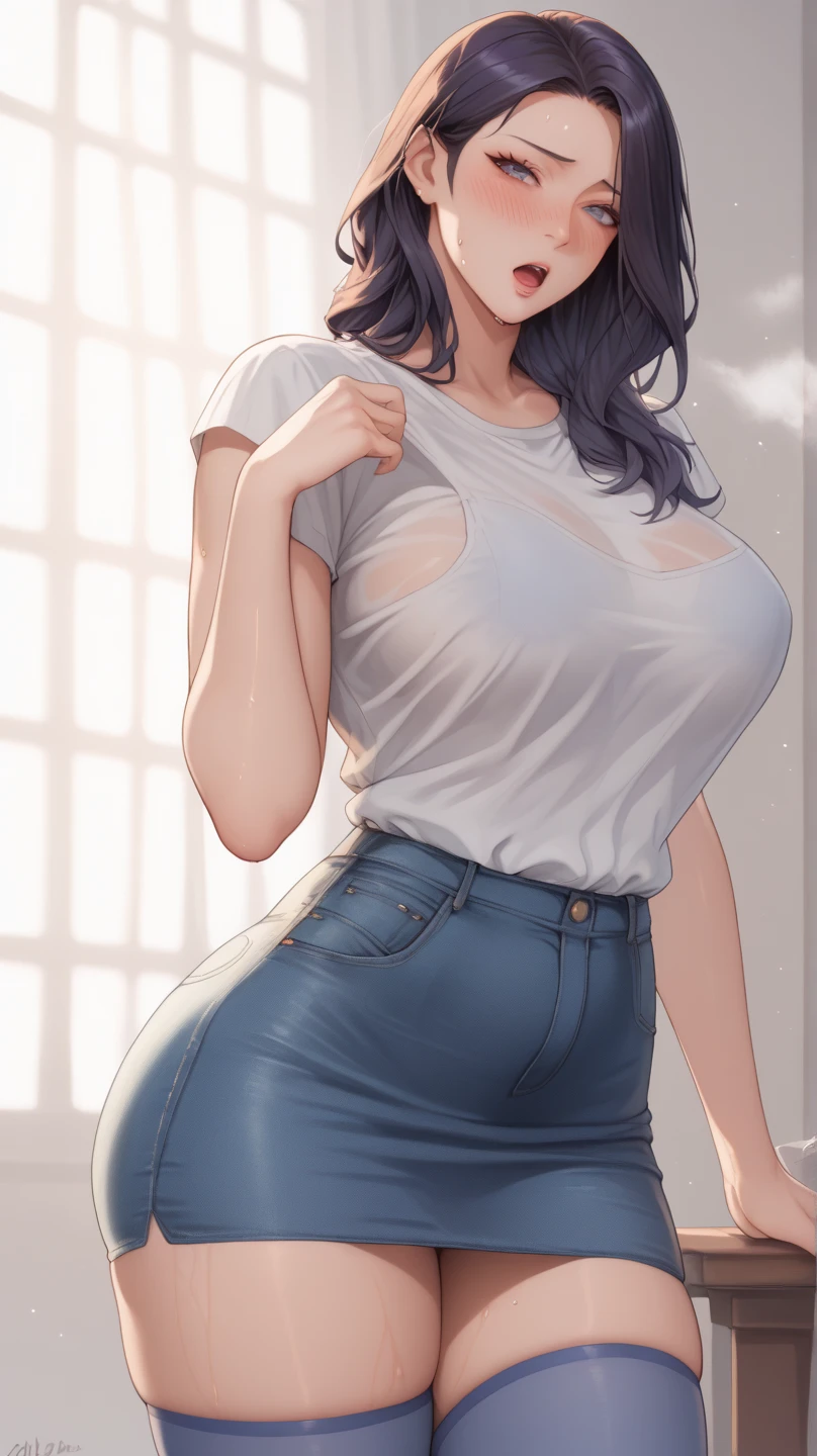 NSFW, Beautiful girl, 20 years old, deep black hair, blue eyes, plaid denim low-cut shirt tied at the waist, tight jeans, Cowboy hat. The most beautiful woman in the world, busty