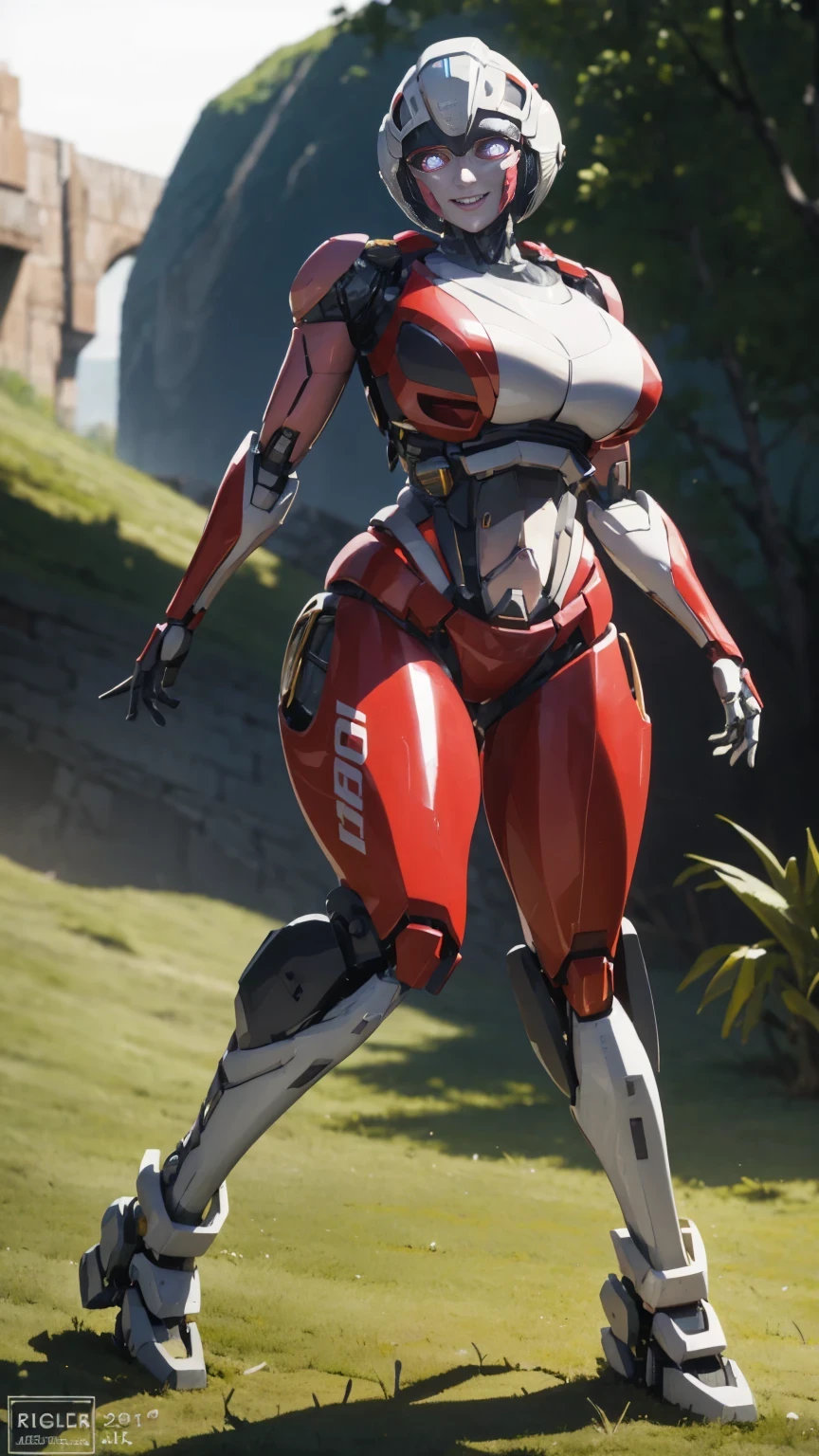 ROTB_Arcee, 1girl, big breasts, smile, robot, mecha, (glowing eyes:1.2), outdoors, wide hips, navel, thick thighs. Full body, dynamic pose