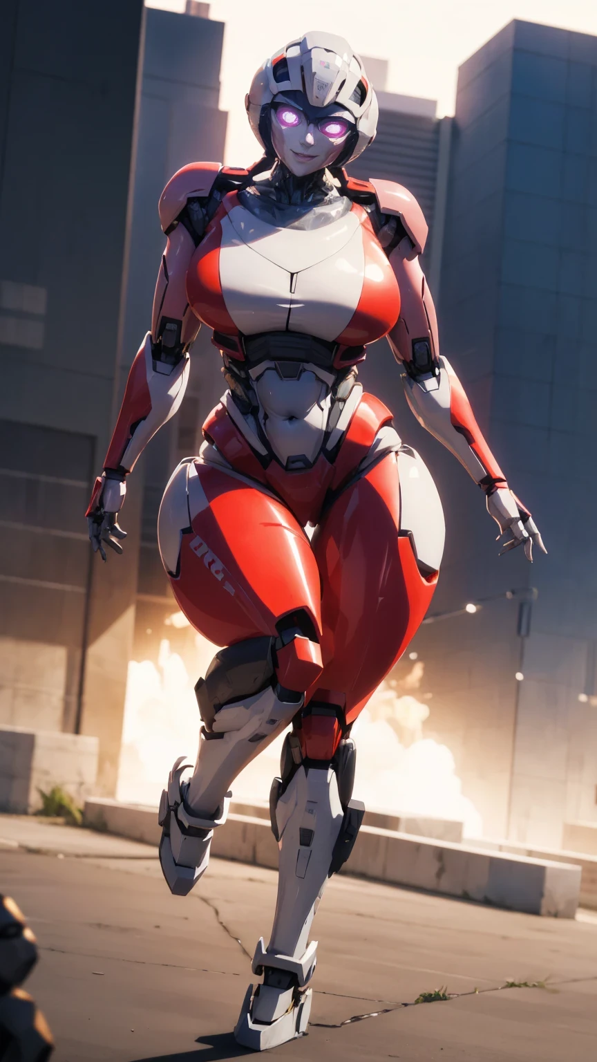 (Muscular:2), (thick thighs:1.5), (wide hips:1.5), (large muscular chest and shoulders:1.4), FEMALE, brown hair, long brown hair, (big smile:0), (cute slim mecha suit from the future:1.5), looking at viewer, (three quarter view:1.1), upper body view, (lab:1.5), dark lighting, detailed skin, detailed eyes, (dark skin:1.), (very thin waist:1.3), (huge round muscles:1.5),