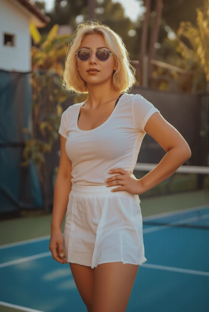 Chubby woman with big and ass, short blond hair, bob hair with glasses playing tennis on tennis court, sunglasses, cleavage, on tennis court, sexy curvy girl, barrel chested, sexy movie photo, buxom chested, very very realistic, kate upton, with sunglasses on, A woman play confidently tennis, on blue tennis court. She wears a white tennis t-shirt and short white wide tennis skirt, look sweated. Her blonde hair falls just above her shoulders, styled in soft waves, bob hair. The lighting is warm, creating a warms atmosphere. The setting appears to be a sport tennis court. Have perfect makeup and perfect lips and wide hips