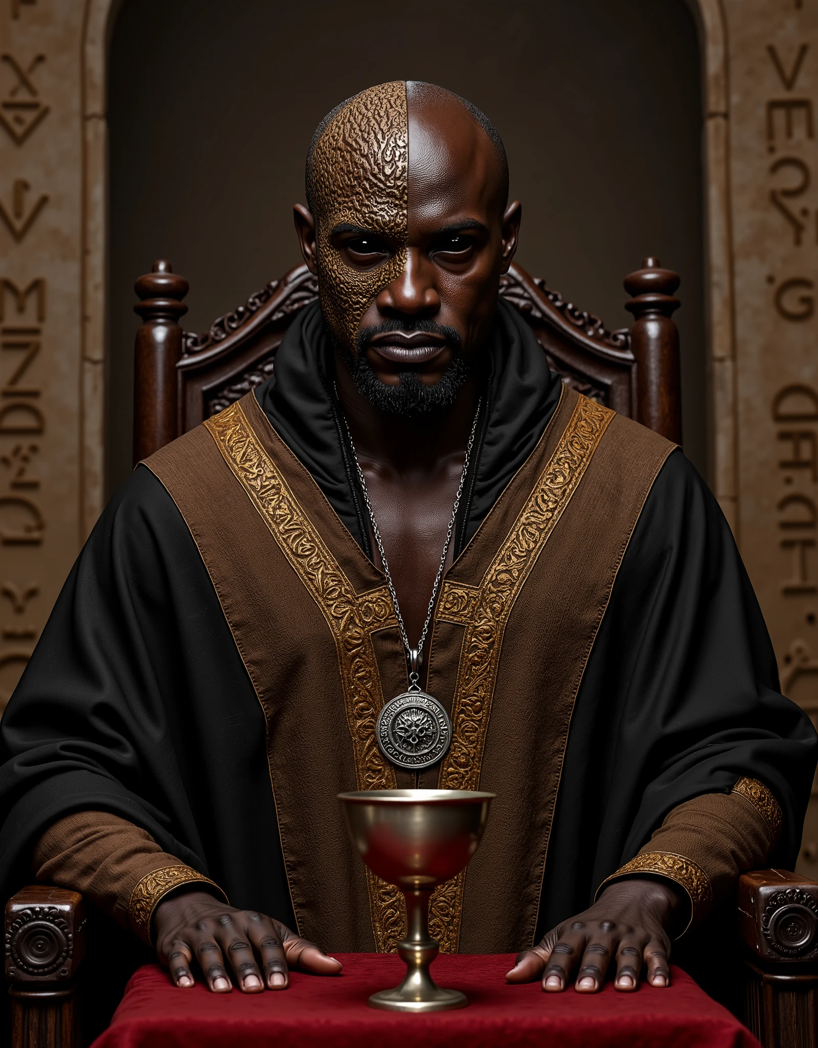 close up portrait of a black skinned african bald man with a goatee, seated in what appears to be a throne-like chair within a stone structure. He has a serious expression and is looking slightly off to his right. His eyes were completely black, with no visible iris or pupil. He is wearing a dark linen robe medieval over a lighter-colored brown cotton garment with ornate gold detailing around the shoulders and chest. A prominent silver necklace with a circular pendant hangs around his neck. In front of him, resting on what looks like a red cushion or draped fabric, is a metallic goblet or chalice. The background features stone walls with some indistinct markings or carvings. The overall lighting suggests a somewhat dramatic or formal setting.
half of his face has a skin that looks as if it were carved from ancient wood, rough and textured like the bark of an old oak