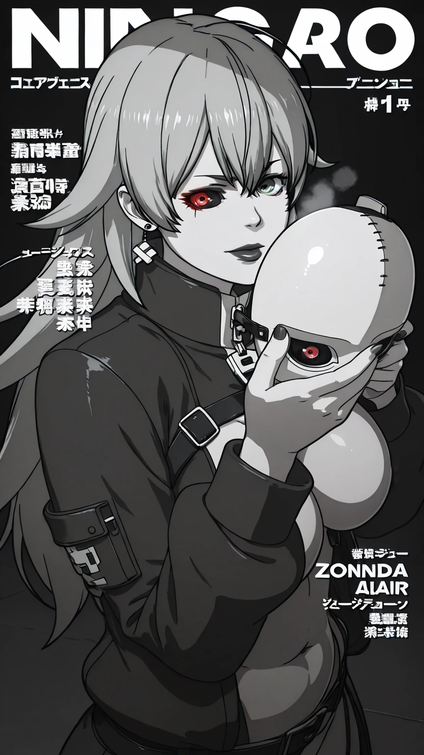 ggstduel, (zonda_(solid_air)-style:1.4), (jam-orbital-style:1.2), ((anatomical correct)), (lineart:1.2), ((monochrome, greyscale, manga-style, spot colors)), soft shadow, comic, score_9, score_8_up, score_7_up, score_6_up, score_5_up, score_4_up, uncensored, detailed background, vignetting, high quality, absurdres, best quality, very aesthetic, newest, digital art, trending on ArtStation, perfect body, perfect eyes, perfect fingers, gasping, heavy breathing, gasping profusely, ((skindentation)), ((curvy)), eto-oa, long hair, green hair, green eyes, heterochromia, ghoul eye, medium breasts, sagging breasts, plump, magazine_cover, mask, holding_mask, solo, mask_removed, jewelry, black_nails, earrings, holding, looking_at_viewer, cover, black_lips, long_sleeves, nail_polish, makeup