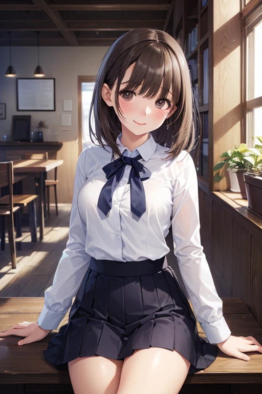 very cute and beautiful girl,(highly detailed beautiful face),white blouse,ribbon,(pleated plaid mini skirt), standing,(skirt lift,white panties),(smile),blush,looking at viewer,black hair,wooden classroom, (best quality,masterpiece:1.0),absurdres,highres,ultra-detailed,extremely detailed,32k,8k resolution, intricate details,cinematic scene,detailed background,solo,dynamic angle,