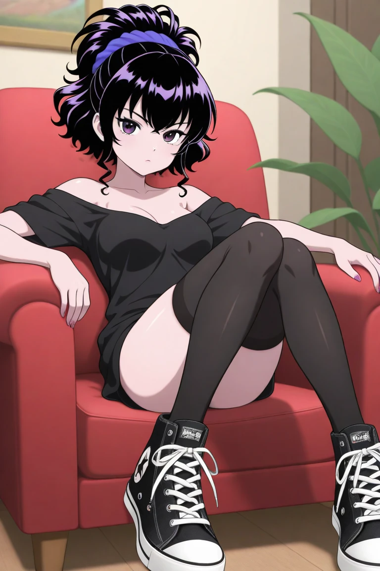 Small ,Black Hair,The inside of the hair is red,short hair,Black Bra,Black Dress,Red frills,Red eyes,Disdainful look,Sitting on the throne,,She has her legs spread towards me,M-shaped legs,naked,Sweatying her finger in her pussy,transformatasturbation behavior,r pants