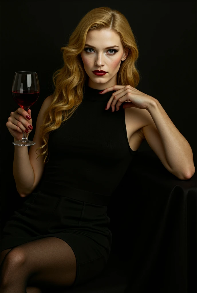 Vampiro com idade mediana, olhos vermelhos, hair combed back, roupas vermelhas, holding a glass of wine