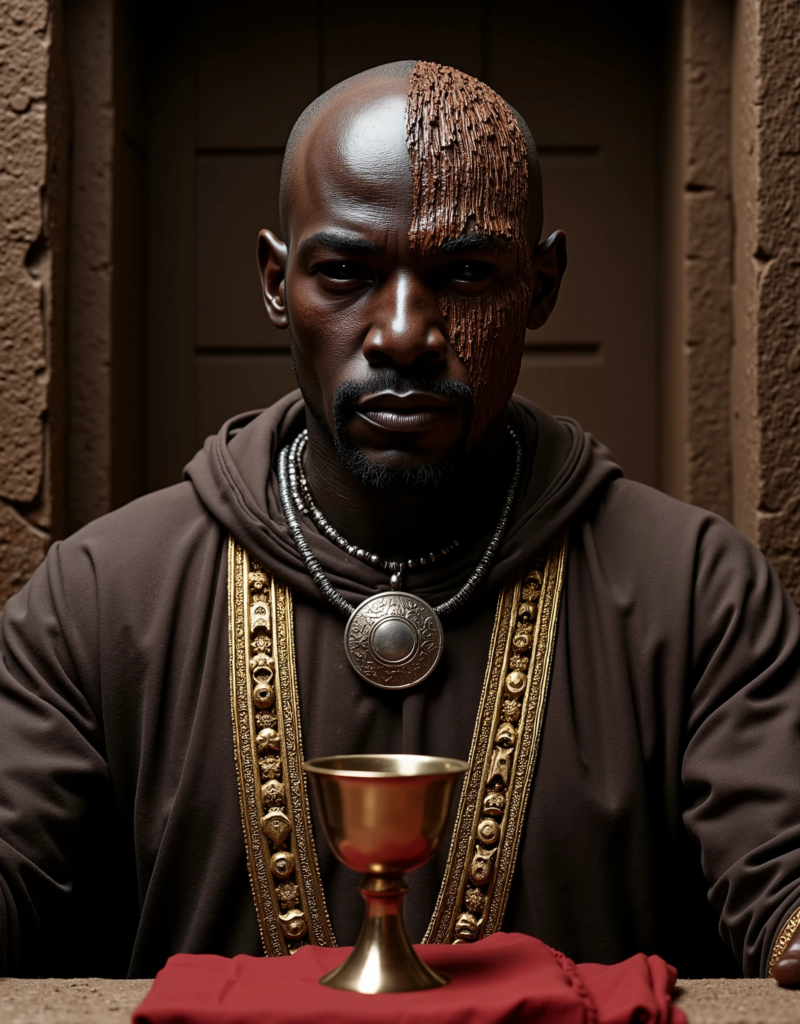 close up portrait of a black skinned african bald man, seated in what appears to be a throne-like chair within a stone structure. He has a serious expression and is looking slightly off to his right. His eyes were completely black, with no visible iris or pupil. He is wearing a dark linen robe medieval over a lighter-colored brown cotton garment with ornate gold detailing around the shoulders and chest. A prominent silver necklace with a circular pendant hangs around his neck. In front of him, resting on what looks like a red cushion or draped fabric, is a metallic goblet or chalice. The background features stone walls with some indistinct markings or carvings. The overall lighting suggests a somewhat dramatic or formal setting. half of his face has a skin that looks as if it were carved from ancient wood, rough and textured like the bark of an old oak