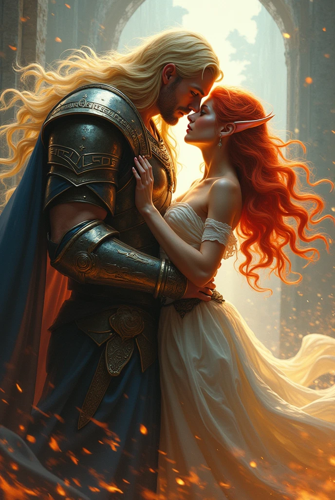 beautiful female warrior with red hair and green eyes, In a love triangle with two male warriors, one with long red hair, and another blond guy seduced her
