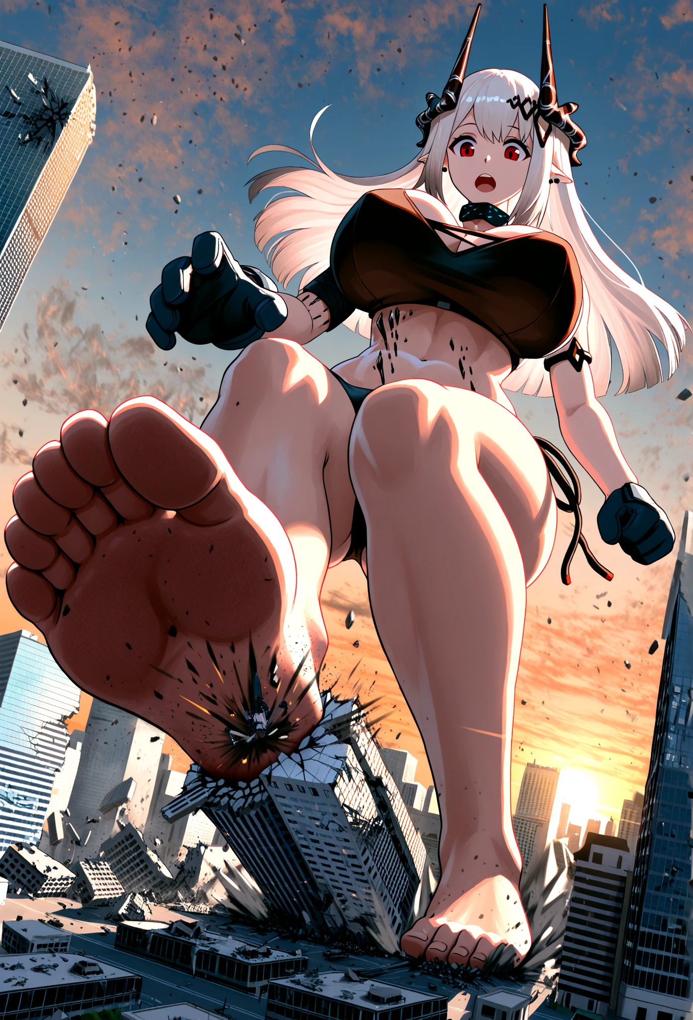 Cute alien invasion, attacking the world,👽、Giantess、Alien clothes、Yellow Eyeasterpiece、Highest quality、Giantessのイラスト、Giant Spaceman、Giant aliens、smile、Open mouth and show teeth、beautiful身体、simple、beautiful、Anime illustration、Trampling、Buildings being destroyed beneath our feet、Low - Angle、walk、Looming、I can see my feet、Draw a woman in a big way、Giantess、Hands on hips、giantess、Small town view、Destroyed small town、Destroyed small building district、Smoke is rising、The fugitive々、Destructive illustration of a small city with buildings visible in the distance、