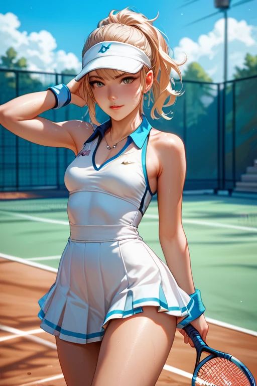 1girl, solo, tennis wear, White shirt, White sneakers, white mini-skirt, long whitr hair, (shiny skins, perspired:1.8), tmasterpiece, Best quality at best, realisticlying, ultra - detailed, looking at viewert, blond hairbl, with brown eye,hair pin,slenderness,High resolution,Sharp focus,depth of fields,Meticulous eyes,Sharp pupils,Realistic pupils,Lori huge breasts cleavage,(smallunderboob:1.8),(Thigh thick:1.0),exteriors,blue-sky,夏天