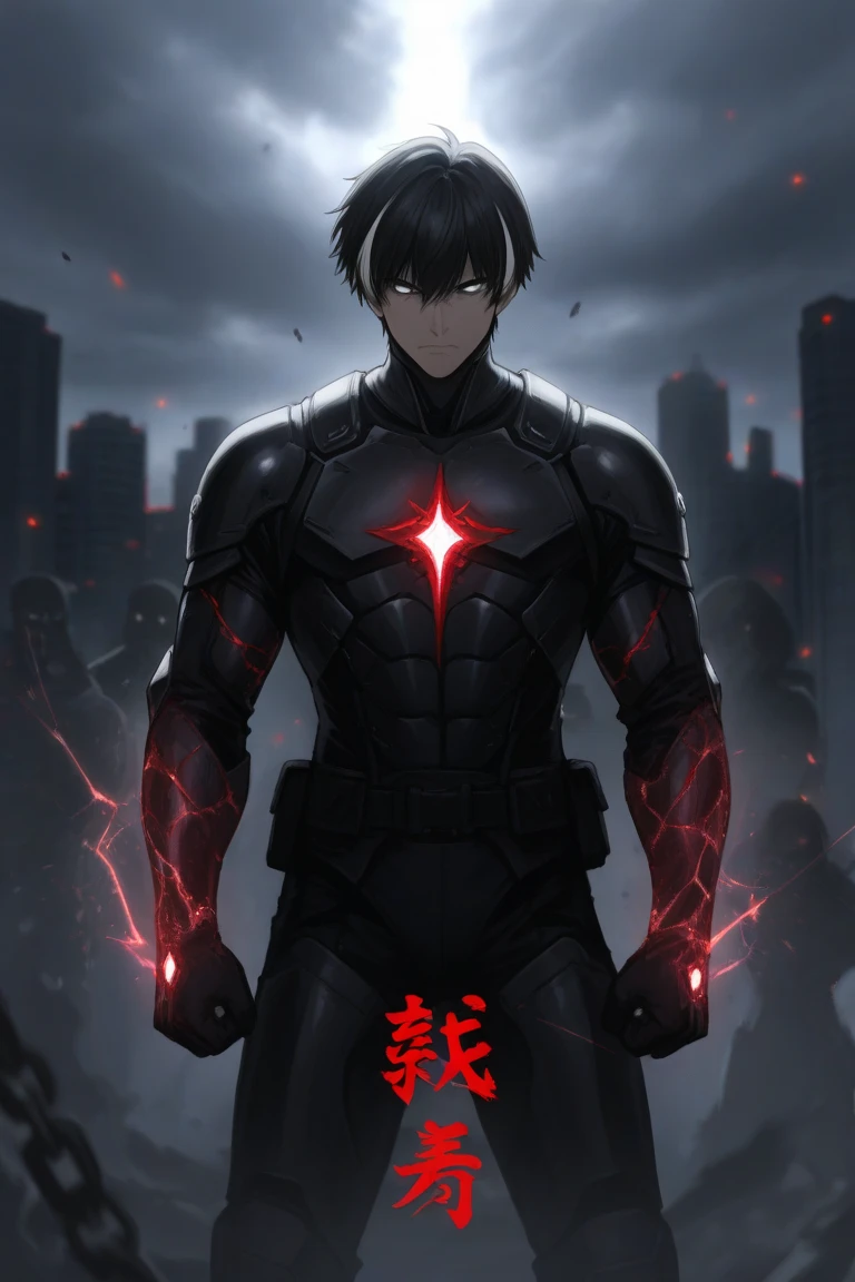 Kaneki Ken from 'Tokyo Ghoul' in high quality, with energy flowing around your body. Show it off in a powerful pose, with the ghoul mask revealing his glowing red eye. Capture the details of her white hair and the kagune sticking out of her back, enveloped in an aura of pulsating energy. Use a nighttime urban background with deep shadows and neon lights, highlighting the vibrant and dynamic energy that emanates from Kaneki, creating an atmosphere of power and transformation