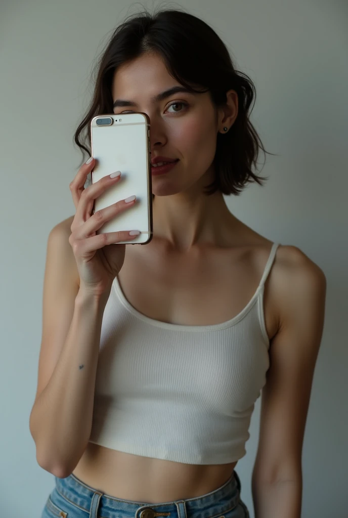 natural body, wearing a white top, broad chubby face, white wall as background, 70kg heavy, 1,70cm tall, brown hair to a bun, Very detailed, 30 years old, High resolution, ​masterpiece, best quality, Elaborate, Highly detailed, muito detalhado, keen focus, detailed skin, realistic skin Textur, detailled eyes, perfectly fitting body, extremely detail, photorealestic, small tiny , looking into camera, small breasts, skin without freckles, realistic brown eyes, turned her head to the camera, no hair in the face, taking a selfie with one arm forward, not naked