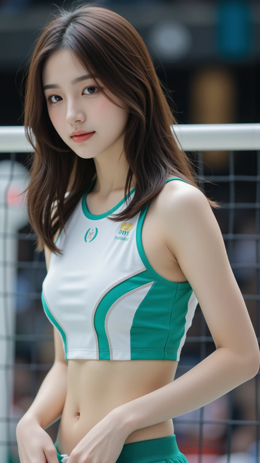 (best image quality:1.35), high quality, realistic pictures, (一位Beautiful woman:1.33), beautiful expression, (delicate eyes:1.3), (beautiful eyes:1.3), (delicate face:1.3), smile, (Shiny hair:1.2), (Acne hair:1.3), (muscular body:1.2), super detailed, High resolution, physical sports, (big breasts:1.25), (short hair:1.2), (Beautiful woman), (cute belly button:1.2), (The depth of the written boundary f/1.2:1.45), sharp focus, original photo, (sprinter;bloomers:1.45), (beautiful thighs:1.65),(face forward:1.25), (Athletics stadium at night:1.4), (dark sky:1.5),smile