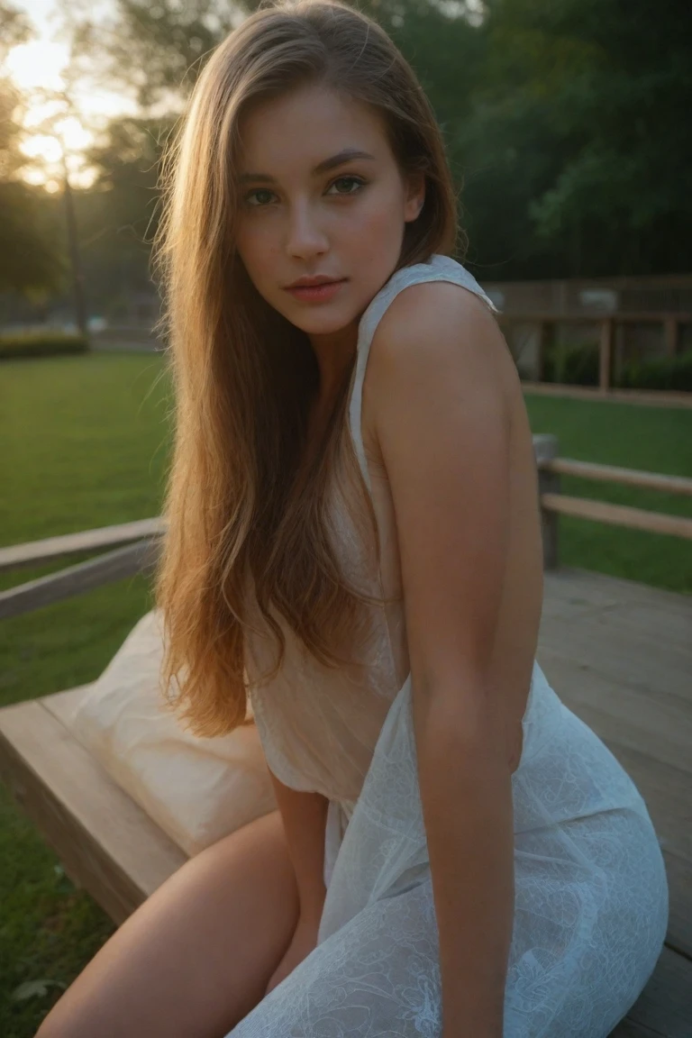 (Masterpiece, best quality, photorealistic, highres, professional photography, :1.4), close-up shot, blue eyes, freckles, sharp focus, young girl, perfect hands and fingers, realistic skin, perfect body shape, huge breasts, cleavage, (stylish hairstyle, extremely detailed hair), delicate sexy face, playful gaze, glossy lips, ((shorts, off-shoulder sweater)), sitting crossed legs on bench, in park, fashion photograph, film, bokeh, ((soft illumination, highly detailed, realistic, super realistic, realism, realistic detail, blond hair, elongated face, small nose, black eyeliner))