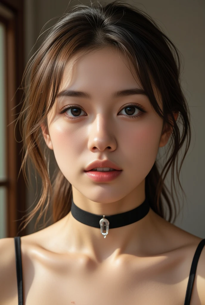 (masterpiece, best quality, 1girl, solo, exquisitedetails, color difference), realisticlying, ((medium breath)), long whitr hair, black color hair, high light, Hair above one eye, Black eyes, Sharp eyes，choker，crop top，（symetrical eyes），（Perfectly symmetrical body），light grey background，looking at viewert