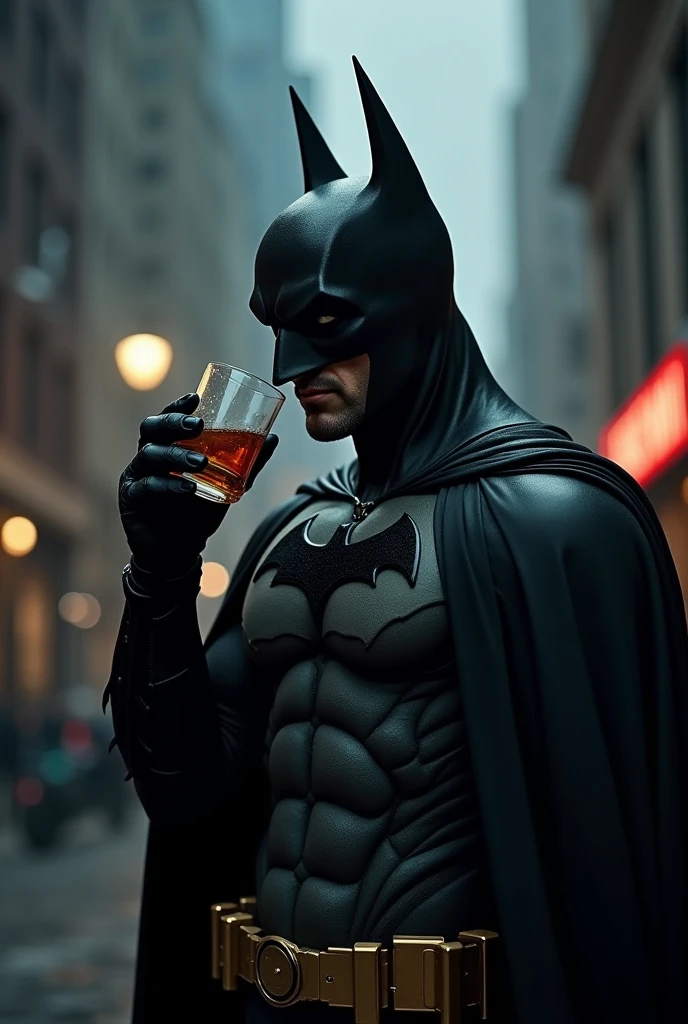 batman drinking a cup of whisky, at table of a restaurant, in the new york street, at nice night, hyper-realistic, 4K, UHD, highly detailed, sharp focus, leica 70mm --auto --s2