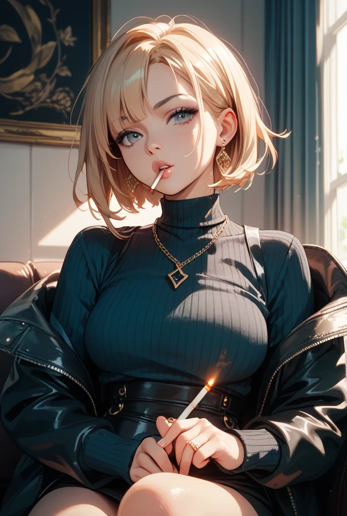 A minimalist portrait of a woman in a knit tops drinking a (steaming cup of tea:1.2), (detailed beautiful face:1.0), vector image, abstract lines, gigantic breasts, giga_busty,Detailedface