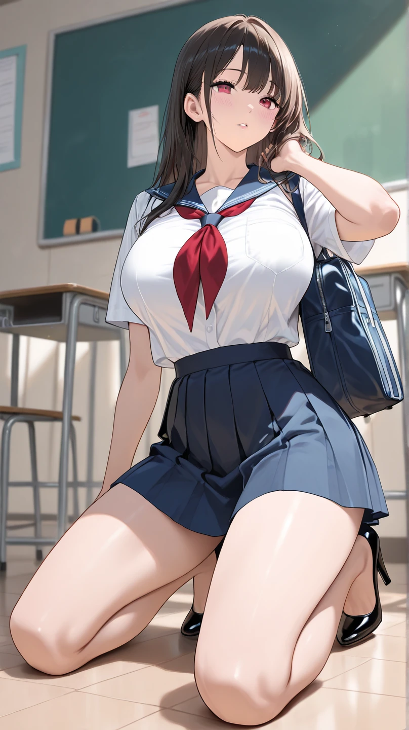 Realistic, Masterpiece, best Quality, perfect anatomy, (Detailed Eyes), One High School Girl, Navy blue school uniform, Huge breast, Sweat, ponytail, earrings, pelvis curtain, (wide hips), shy smile, embarrassed, standing split, leg up,leg lift,standing on one leg, Short skirts, White panties, Exposed panties, Classroom, low angle, String panties that bite