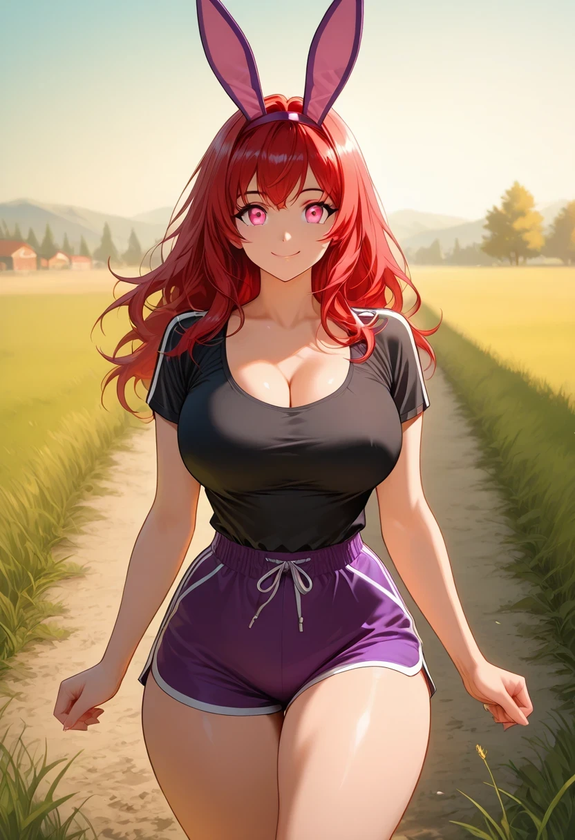 8k, score_9, anime style, pretty woman, solo, long red hair, pink eyes, detailed eyes, HD eyes, smiling. Busty, Curvy body, thick thighs, sport shirt,  black shirt, Cleavage, sports short, short shorts, purple shorts,  countryside, morning, grass background, charming, red diadem, bunny ears, ExpresHGothicNeonIncase