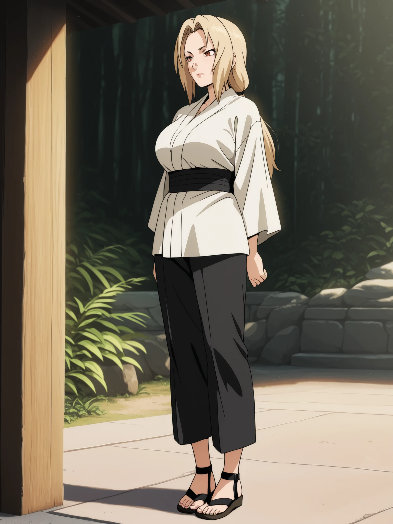 (masterpiece, best quality, anime style, ultra detailed, 8k, full body view of Tsunade Senju standing in a tranquil outdoor setting, mature woman with long blonde hair, wearing her usual outfit: short white kimono, black pants, and open-toed sandals, arms relaxed by her sides, head slightly tilted up with a soft and thoughtful expression, admiring something in the distance, a gentle breeze moving her hair and clothes, natural background with soft light, calm and respectful atmosphere, cinematic composition)