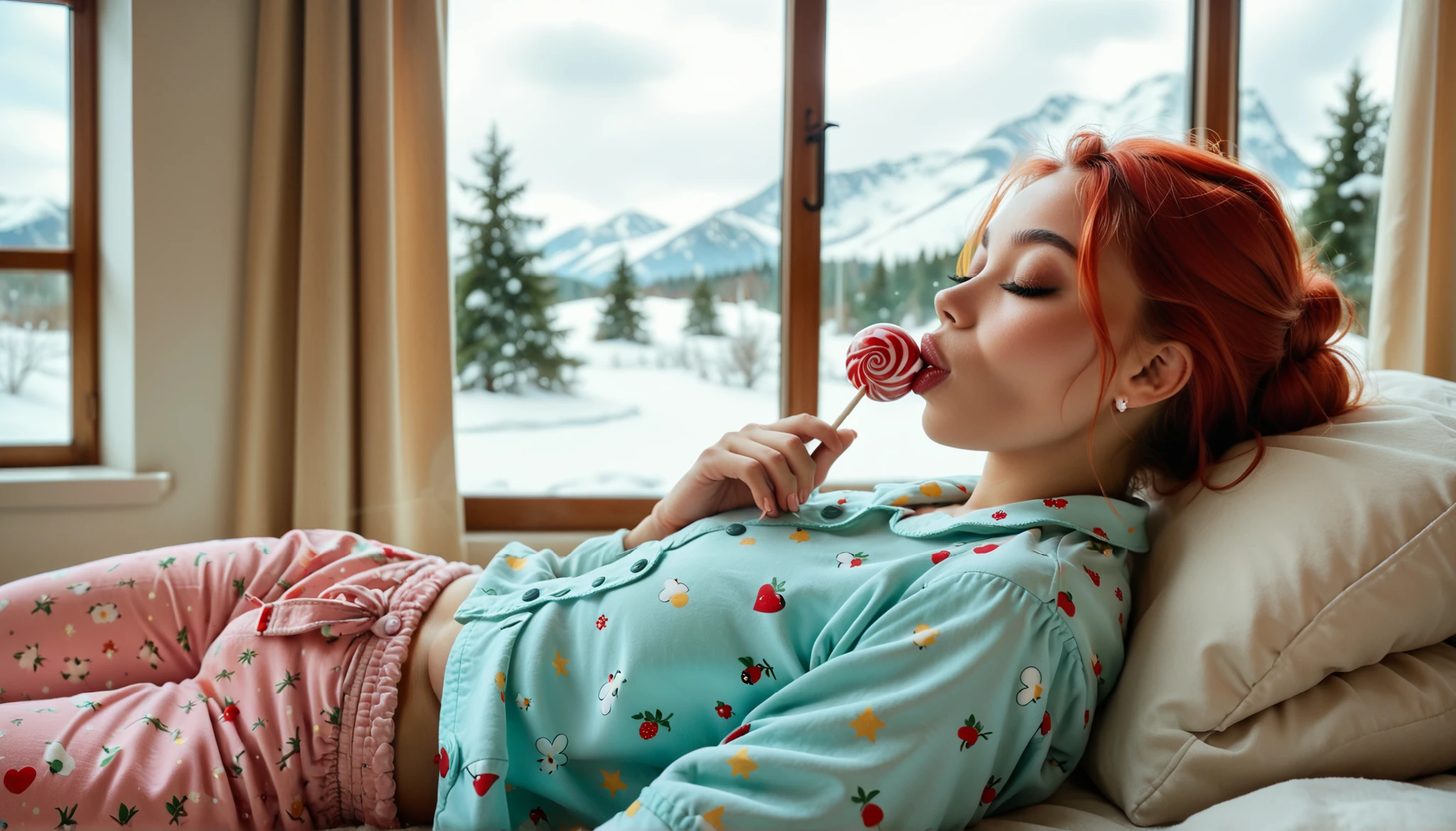 Close on the woman's face, totally facing the observer, she is a beautiful red-haired WOMAN who is sucking a red lollipop ball, Very close to the observer, An 18-year-old young woman, she is dressed in her (((pijama sexy))), (((pajama shirt and short pajama pants in the color green))), the surrounding background is a sleeping room with a large window with a snowy landscape , the room is all white and blurry