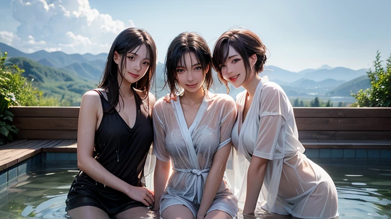highest quality、High resolution、detailed background、three beautiful girls、(huge breasts:1.3)、Floral embroidered panties、(No bra:1.5)、black hair braid twintails、cowboy shot、
Dresses made of see-through material give a sexy and elegant impression while exposing your skin.。.、See-through designs on the chest and back styles are popular.、Lace-up heel boots give a sexy and bold impression、Thigh-high boots may attract particular attention、
(My clothes are wet and see through and I can see my nipples.:1.5)、emphasize the chest、emphasize cleavage、He looked at me with a happy expression.、Flip up the skirt to show your panties、panty shot、cute、camel toe