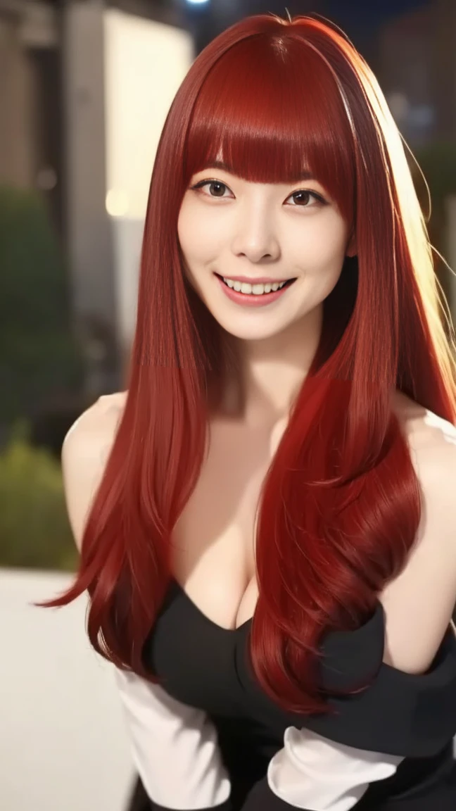 red hair, hair over shoulder, parted bangs, symbol-shaped pupils, smile, ahegao, skin fang, pensive, dutch angle, first-person view, pov, textured skin