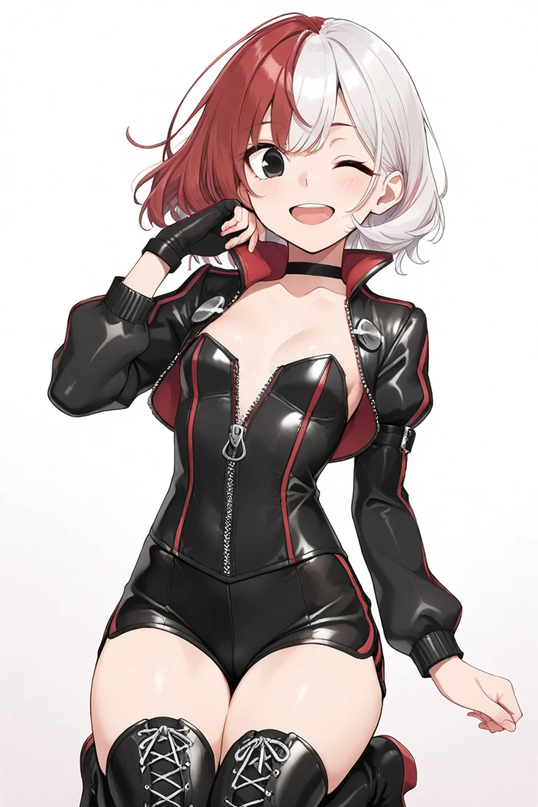 ((((masterpiece, best quality, high resolution)))), 
1girl, solo, red leotard, smile, leotard, pants, suspenders, x hair ornament, grey background, looking at viewer, hand on hip, belt, detached sleeves, breasts, small breasts, open fly, black pants, gloves, simple background