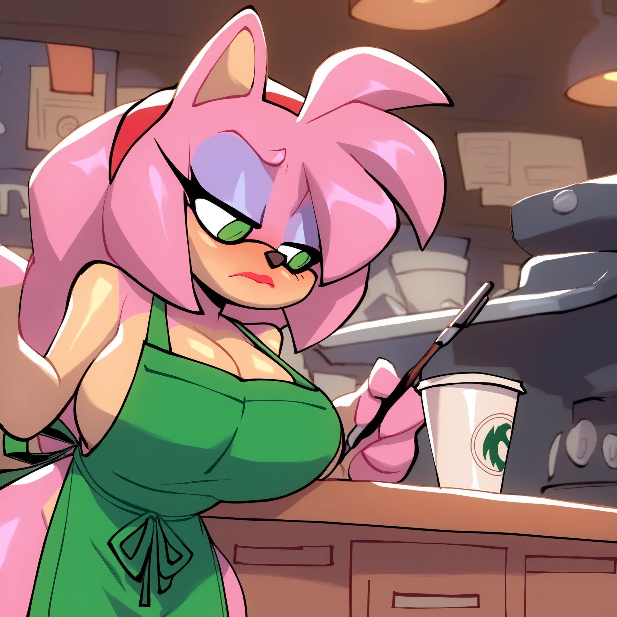 Amy Rose wearing only an apron, kitchen, giant breasts, smiling, cooking, detailed, masterpiece, perfect body,