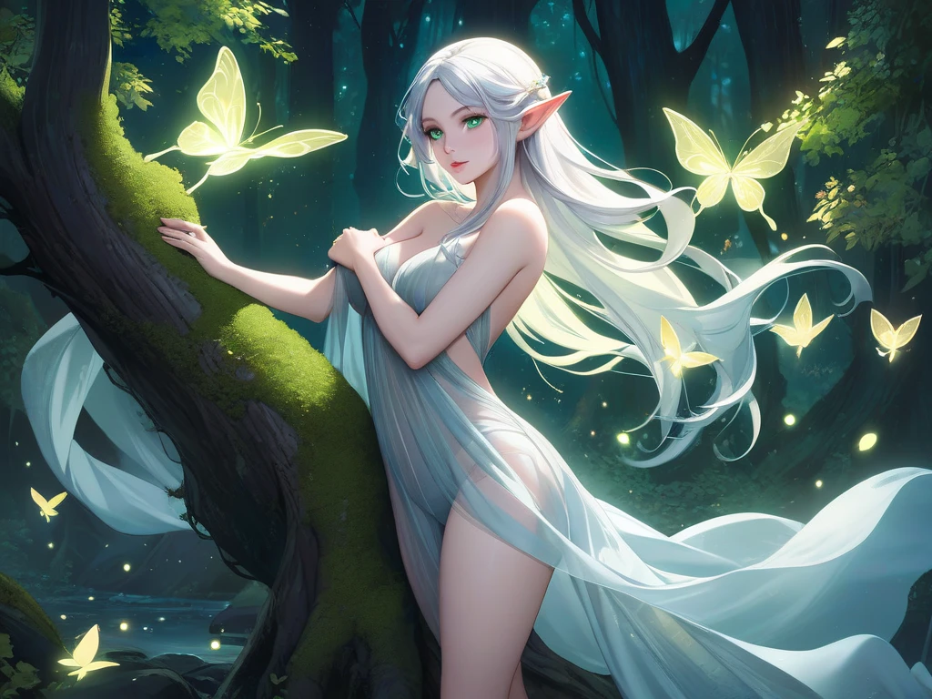 "An epic masterpiece of digital painting in the best quality and ultra-detailed style (1.3), featuring a slim, embarrassed White Sapote druid donning see-through gossamer with a welcoming vibe."