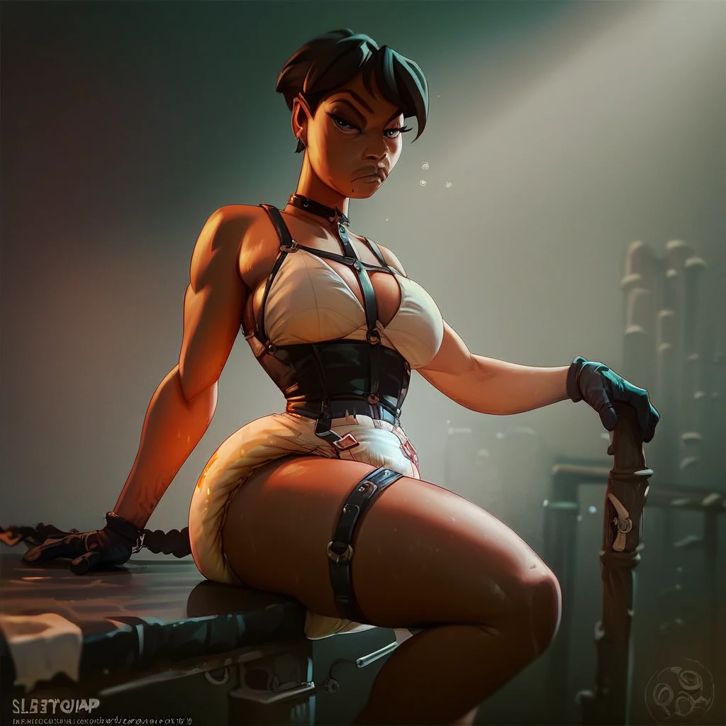 Latex girl lustful smirking smile red blush red cheeks, chain leash, hands behind the head, kneeling, shackles, leather black collar slave, pigtail hair