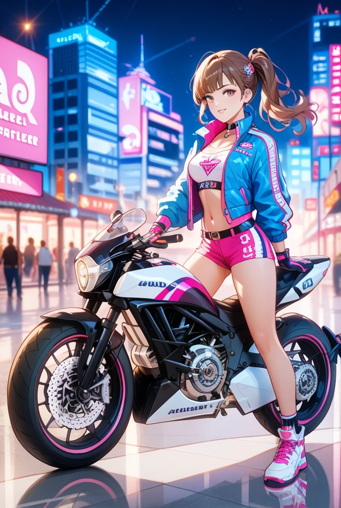 masutepiece, alta qualidade, alta resolução, alta textura, 8k, HighDynamicRange, robot woman in sexy costume, Seios enormes, transparent white pantyhose, mechas, Cabelos brancos curtos, mechanical prostheses, mechanic legs, cabelos desgrenhados、pele detalhada、fine-grained skin、Motocicletas de Grande Porte, Andar de bicicleta, Noite, Cyberpunkcidade