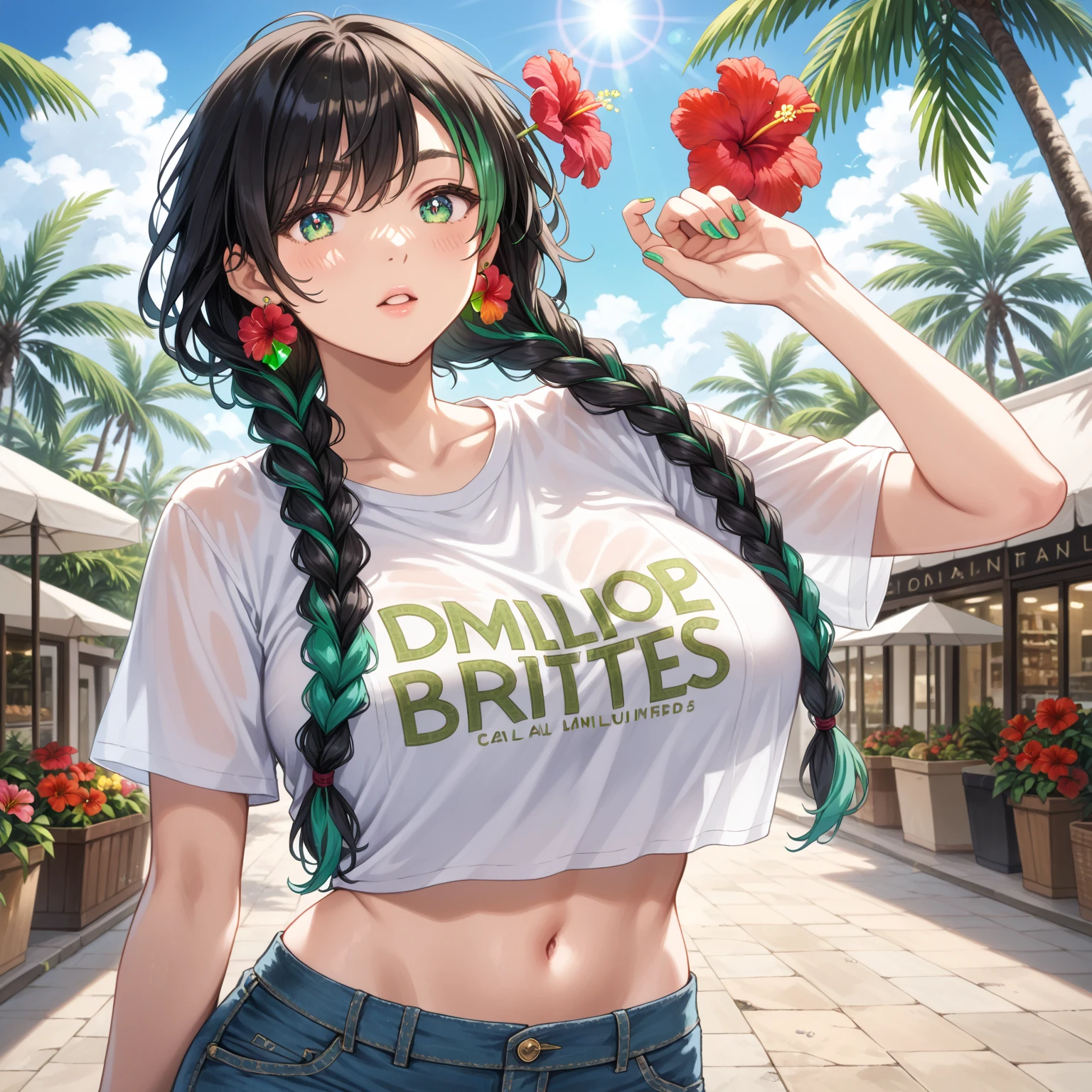 Manga cover style, detailed.
best quality, art, detailed face, in the style of lora marvin.
a hot woman with a 46-year-old appearance wears a very tight top over her large breasts, with the Brazilian flag on the top. She is in a night bar, she has black hair, and dark tanned skin.