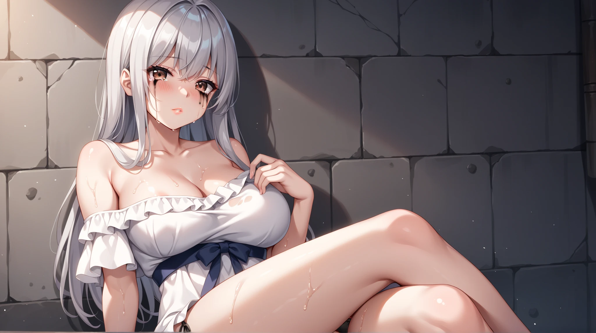 1girls, arms behind back, rain, seductive, (4K,realistic,highres,absurdres,masterpiece:1.2),((cinematic lumination)),deep depth of field,charming face,bloom,medium breasts,(smiling:0.6),young female, looking at the viewer, white skin, ((slim, skinny)), ((wet skin, sweat)), high heels, red eyes,Kneeling,(nsfw,orgasm,ahegao:1.3),