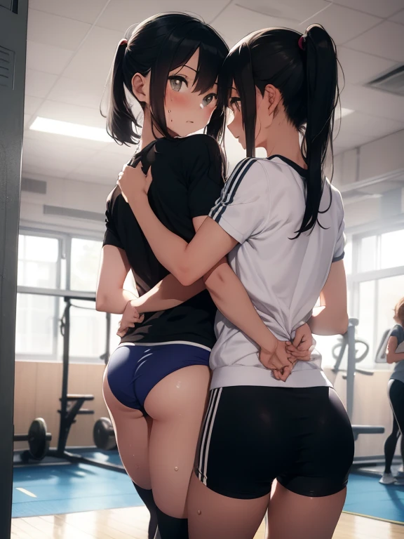 (masterpeace, best quality), 2girls, 15yo, gym locker room, sports briefs, sitting on bench, from behind, after training, sweaty, tired, wide angle, bright, best lighting, best shadows