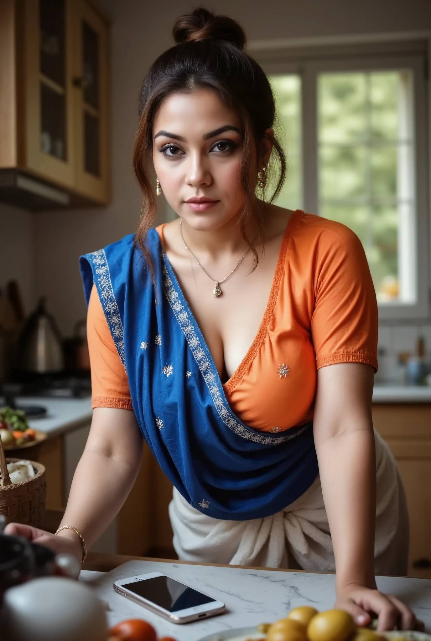 A woman is engaged in a domestic activity, likely preparing food in a kitchen setting. She is wearing a revealing traditional Indian outfit, consisting of a vibrant orange blouse and a deep blue saree draped elegantly over her shoulder. The saree features subtle patterns, adding a touch of intricacy to the attire.
Her hair is tied up in a bun, keeping it neatly away from her face as she works. She wears small, understated earrings, which complement her traditional look without being overly flashy. A delicate necklace with a pendant rests against her skin, adding a hint of elegance to her ensemble.
The woman is leaning forward, her body angled towards the countertop or stove, indicating she is focused on the task at hand. Her posture suggests concentration and involvement in the cooking process. The background, though slightly blurred, hints at a typical kitchen environment with various utensils and appliances visible. A smartphone lies on the counter, possibly displaying a recipe or being used for communication.
The lighting in the image is soft and natural, likely coming from a window or an overhead light source, creating a warm and inviting atmosphere. The overall color palette is rich and warm, with the orange and blue of her attire standing out against the more muted tones of the kitchen background.
The image captures a moment of everyday life, highlighting the woman's role in the household and her engagement in a routine yet essential activity. The traditional attire and the setting suggest a cultural context, emphasizing the importance of family and home in her daily life.