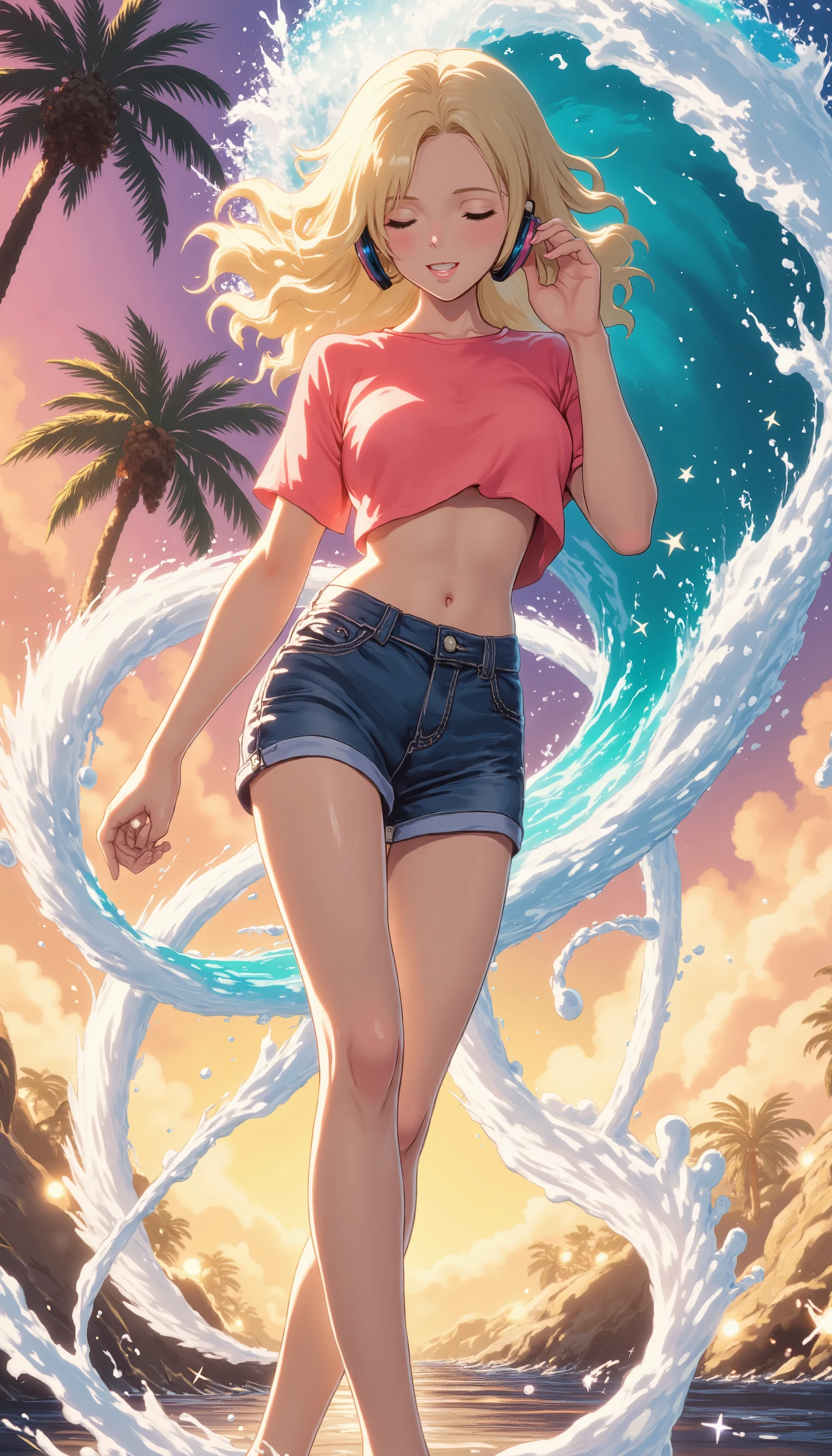 sun‑kissed young anime woman with wavy, beach‑blonde hair, wearing a loose coral‑pink crop top, denim shorts, barefoot in wet sand. She holds one wireless headphone to her ear, eyes half‑closed, smiling in rhythm. Turquoise wave splashes behind, forming stylised music‑notes; tiny star‑sparkles drift in the spray. Palm silhouettes and festoon lights glow in soft bokeh, sunset sky melting from peach to deep azure. Cel‑shaded, high contrast, dynamic brush strokes, strong summer atmosphere.