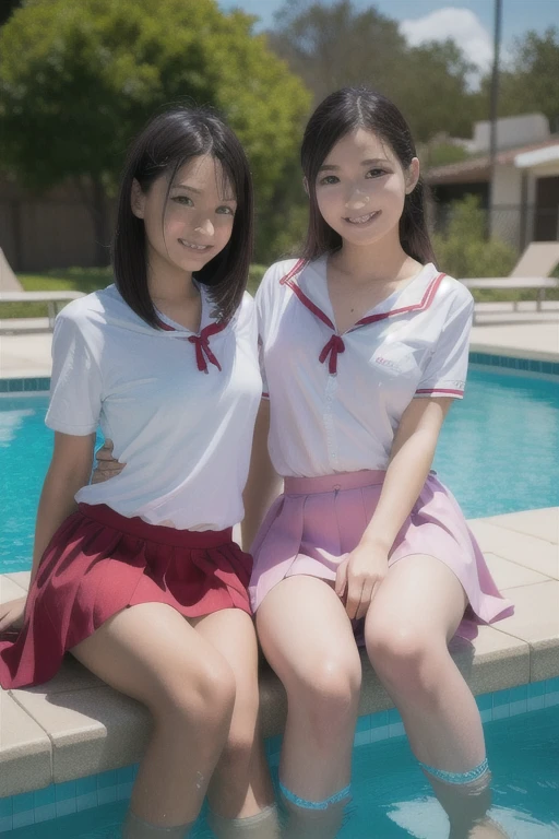 ((beautiful eyes with fine detail)), realistic skin, (intricate details), best lighting, depth field, ((ultra high resolution, high res)), {highres}, {{very fine 8KCG wallpapers}}, {{very precise detailed}}, crowd, ((((masterpiece)))), nsfw, 1girl, teenager, curvy, orgasm, blush, clenched teeth, (wet clothes:1.3), ((wet white japanese uniform)),((showing nippls)), (small breast), (((navy blue))), ((pleated miniskirt)), ((skirt lift:1.7)), (tie),((black thigh-high socks)), (((smartphone,selfie))), Pool in front of a large water slide, coming down from the waterslide.