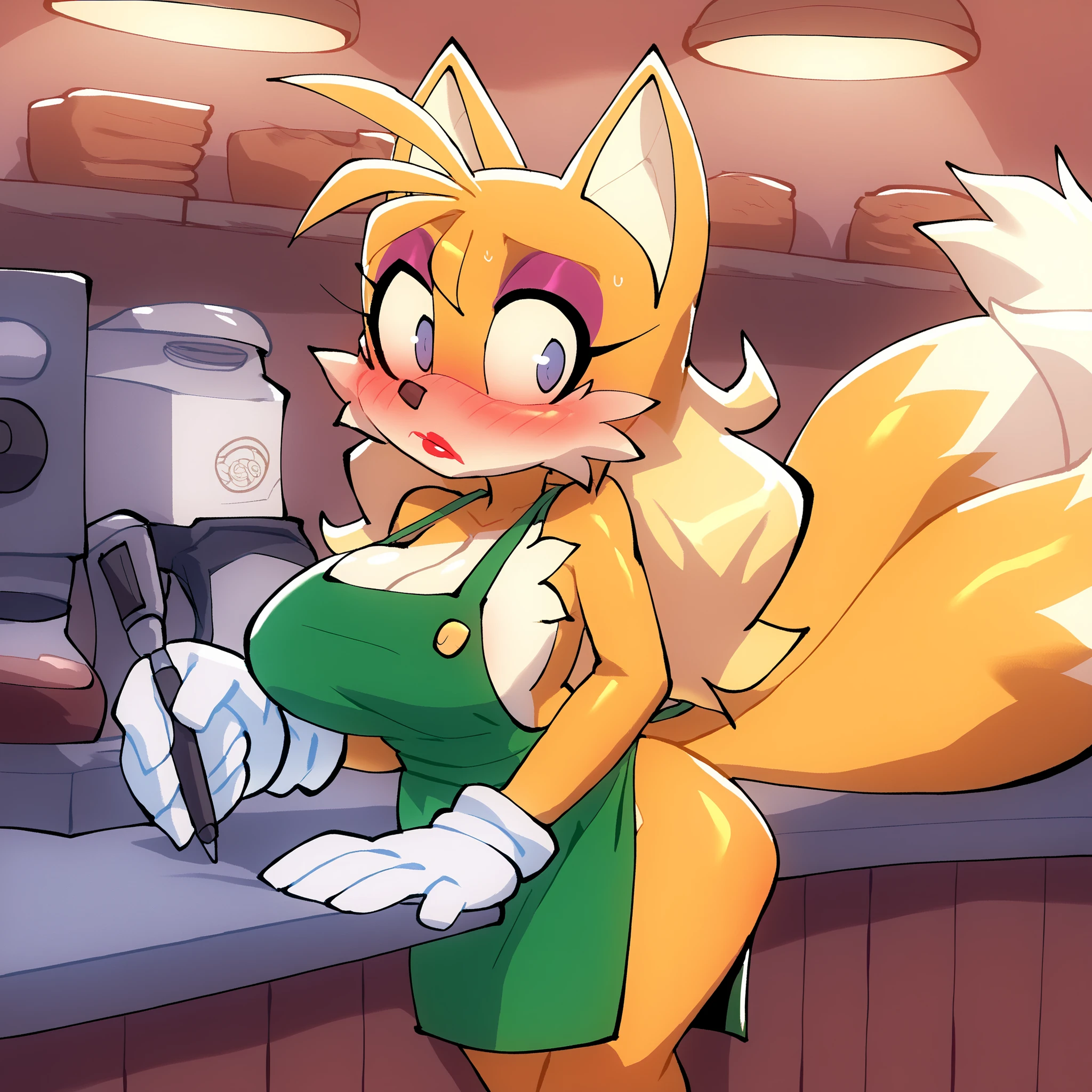 Tails (Sonic), yellow fur, Fox, (Bigdad/character), female, barista outfit, cafe employee, green apron, makeup, eyeshadow, light on the lipstick, ((long hair)), fox tails, 2 tails, solo, indoors, behind counter, half body, taking order, large breasts, fuzzy fur, embarrassed by question, shocked by question, looking at viewer, blush, milf, mommy