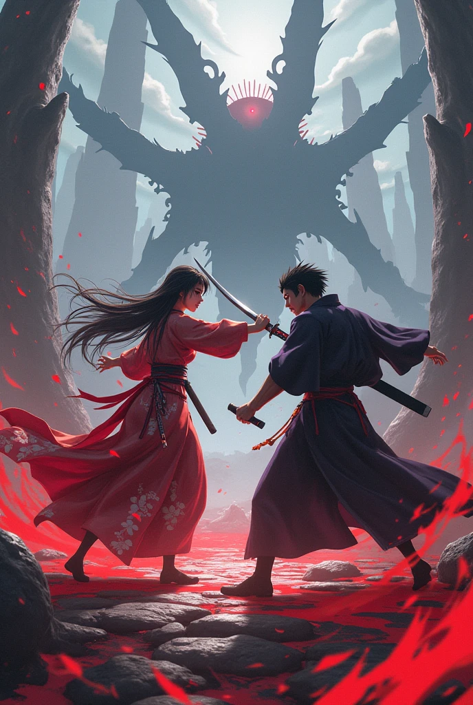 Make me a cover for a Kimetsu no Yaiba style server with 2 people fighting in a place that is completely on fire