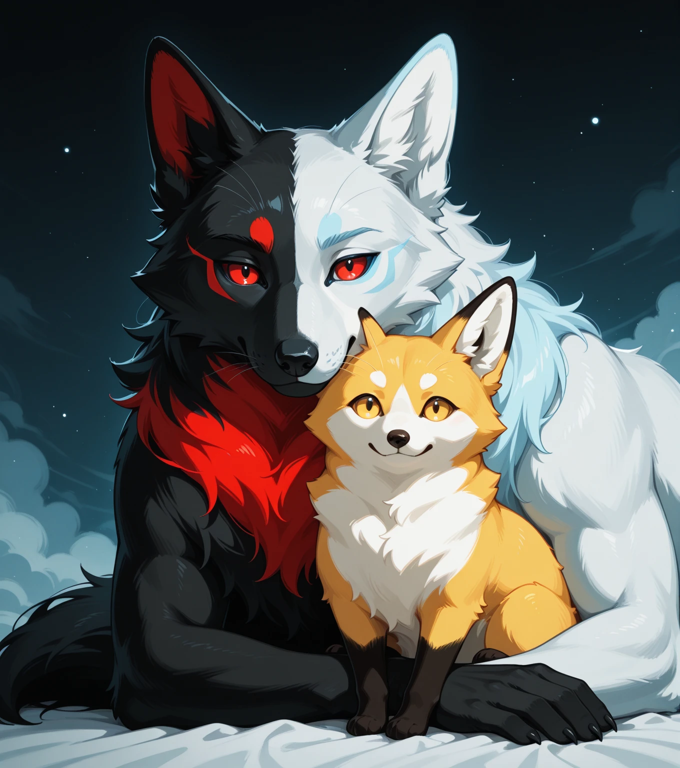 solo male, white fox, furry, smiling, red fur, Black fur stripe, netral, Traumatized face, dynamic lighting, illustration, portrait, beautiful, particles (high quality,4k,8k,highres,masterpiece:1.2), ultra-detailed, impressionistic:colorful,